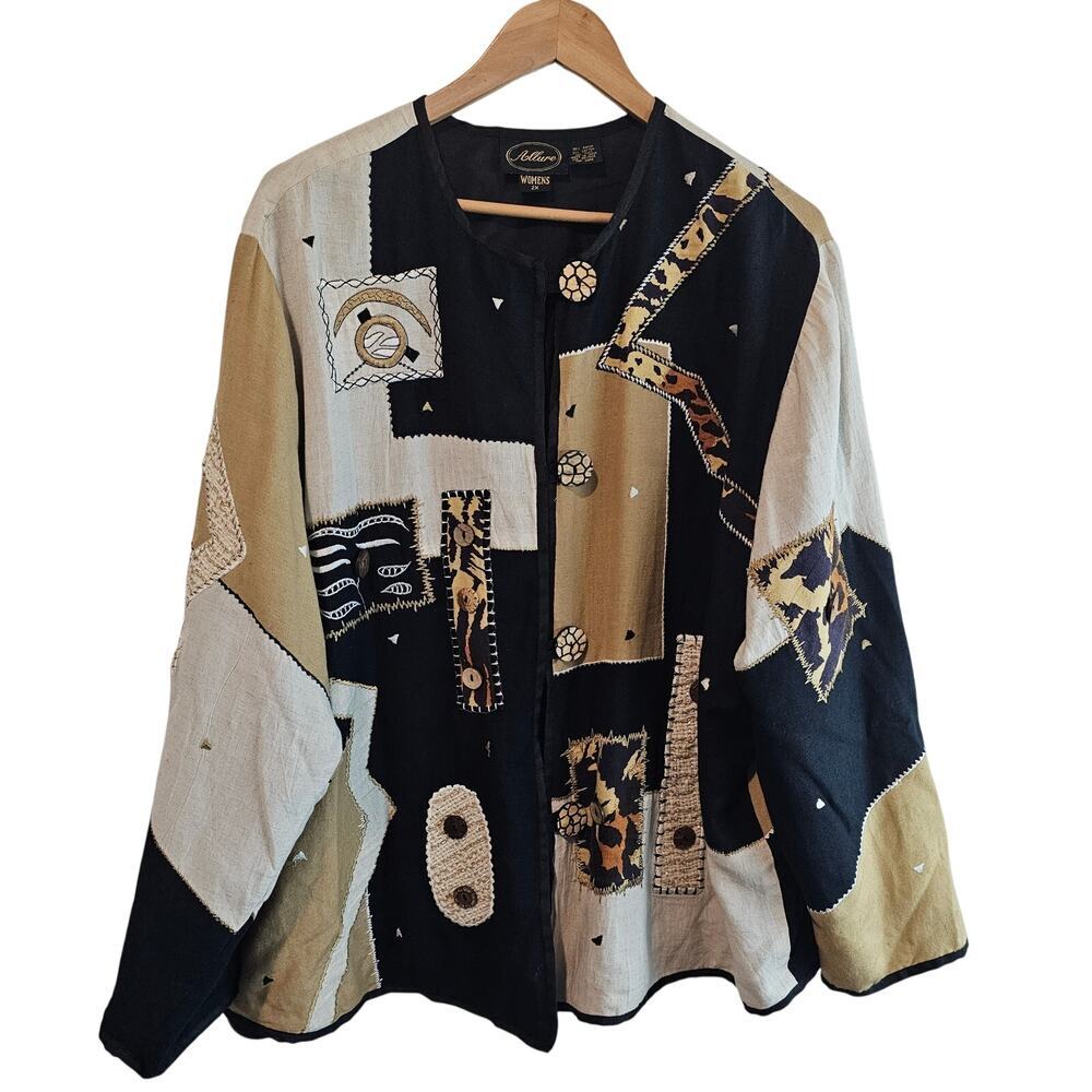 Vintage Allure Blazer Womens Size 2X Black 3D Animal Print 90s Art To Wear Boho